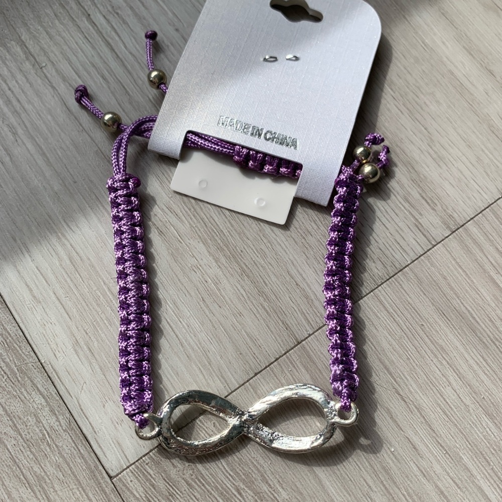 Purple Macrame Braided Bracelet with Silver Tone Infinity Charm